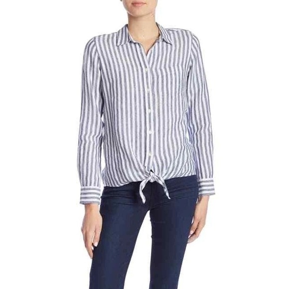 J.Crew Tops - J.Crew Striped Linen Tie Front Shirt Womens 10 Blue White Long Sleeve Button Up
